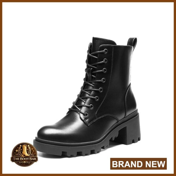 Lace Up Combat Ankle Boots Chunky Heel Lug Sole Retro Fashion Booties
